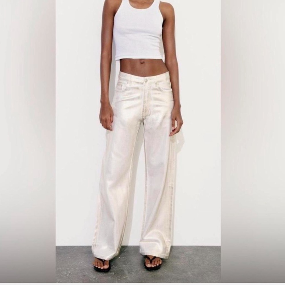 Zara Women's Off White Foil Gloss Wide Leg Jeans